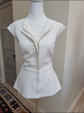 Preston & York White Zip-Front Peplum Top with Cap Sleeves Sz: 6